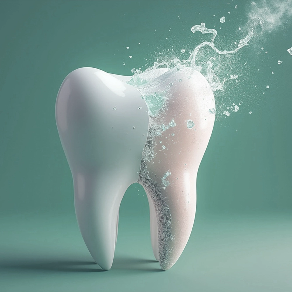 Illustration of a single healthy tooth surrounded by sparkles, symbolizing cleanliness and dental health.