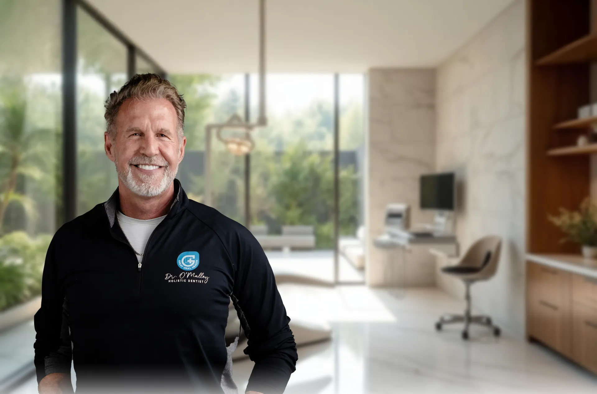 Dr. Paul O'Malley, dressed in a white lab coat, sits next to a reception desk with the word "SMILE" prominently displayed in large golden letters, beaming with a confident smile.