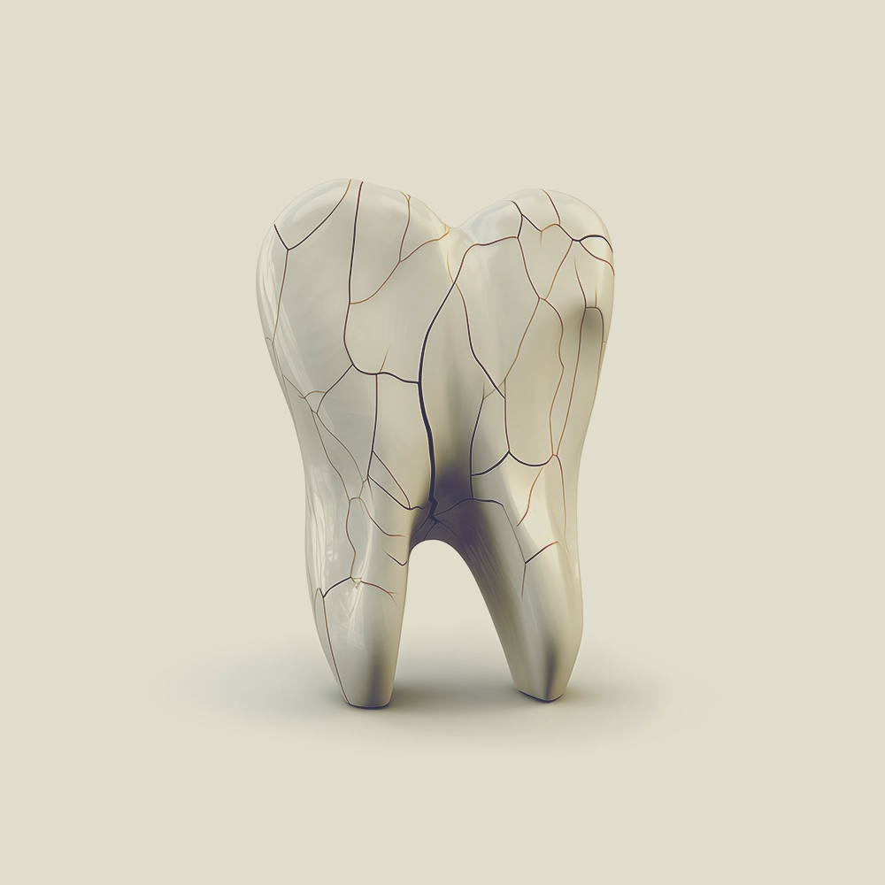 A stylized tooth with cracked enamel depicted in an artistic, almost metallic finish, highlighting the intricate details and fractures